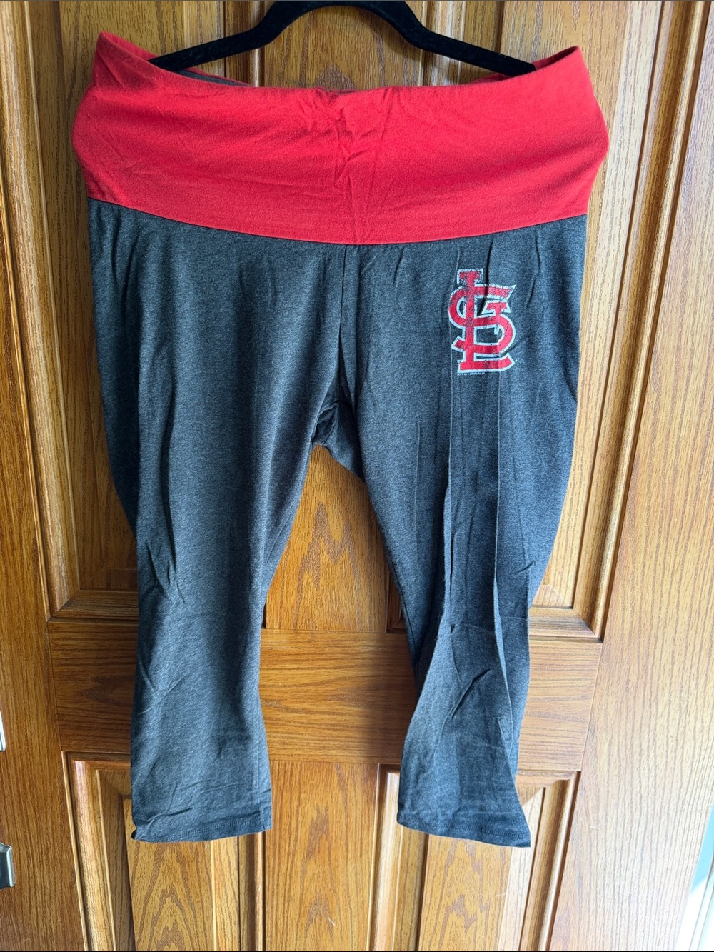 Motherhood Gray Leggings with Red Fold-Over Waistband